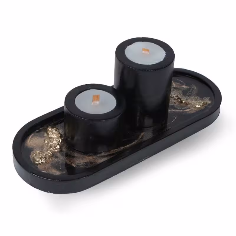 02404022-ست سینی ماربل با شات شمع استوانه ای بیضی مشکی طلایی