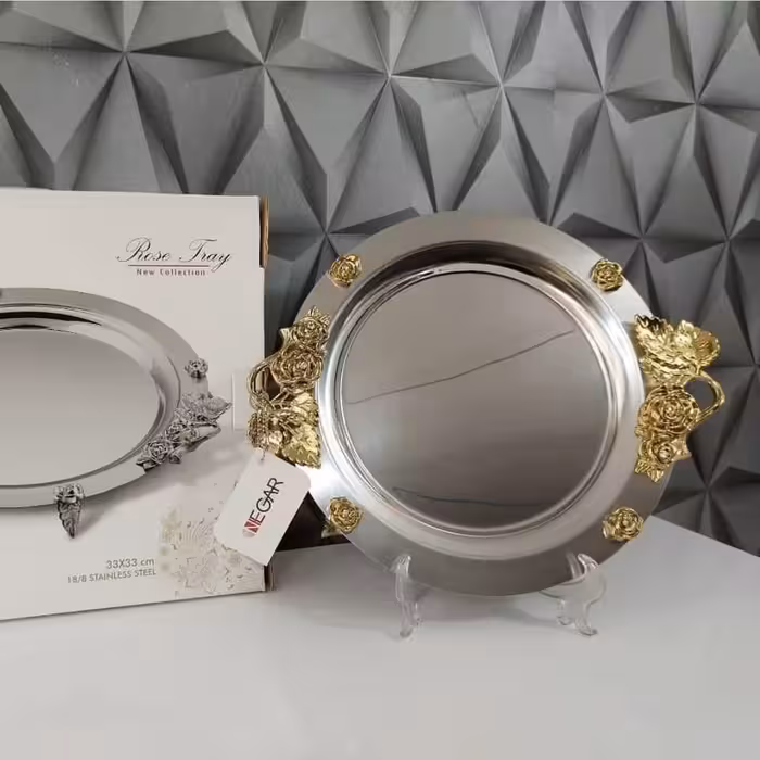 سینی استیل نگار گرد کوچک مدل رز کد 308 گل طلا