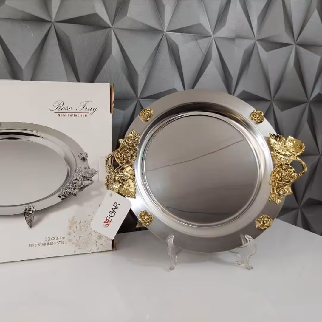 سینی استیل نگار گرد کوچک مدل رز کد 308 گل طلا