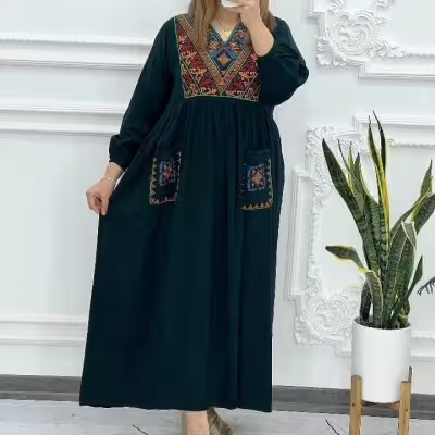 پیراهن زنانه جنس نخی سنگشور مدل نسیم دوجیب گلدوزی شده