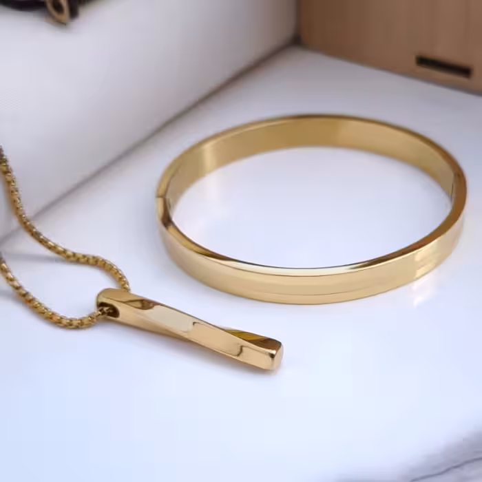 ست دستبند و گردنبند طلایی پسرانه استیل