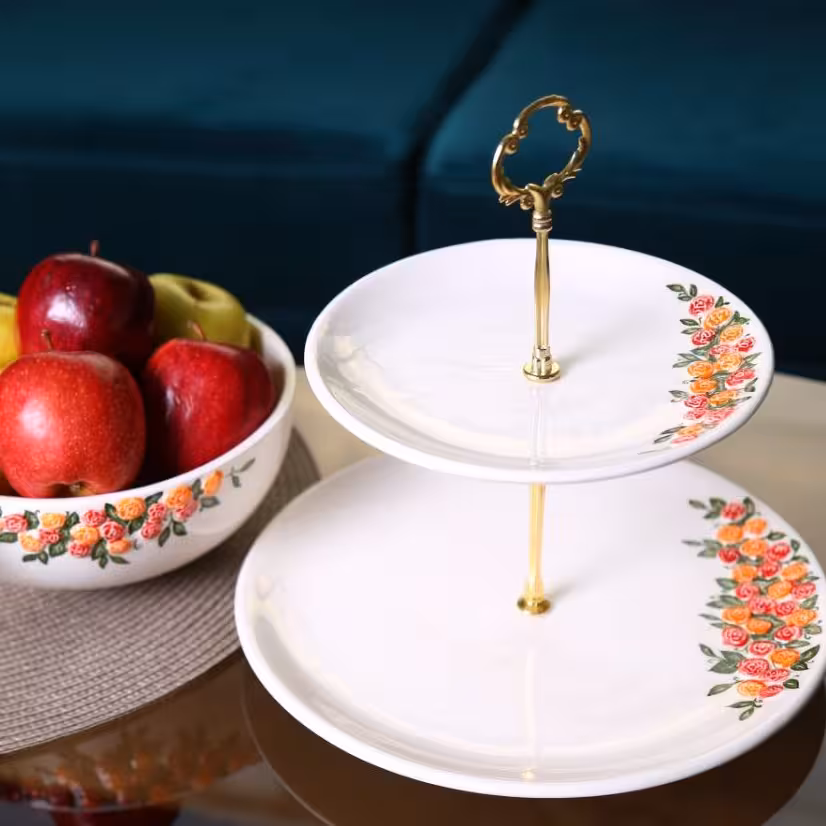 شیرینی خوری دوطبقه گل برجسته و کاسه میوه