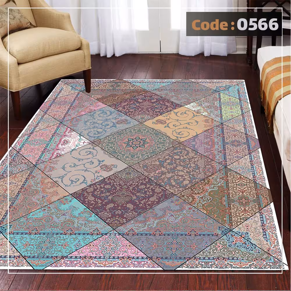 کاورفرش روفرشی دورکشدار گوشه لیفه ای لاکی ، آبی و متنوع کد 0566