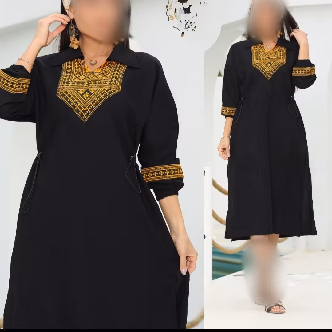 ساحلی هندی آستین بلند کرسپو مشکی با سوزن دوزی سنتی، کش تنظیم سایز بسیار خنک