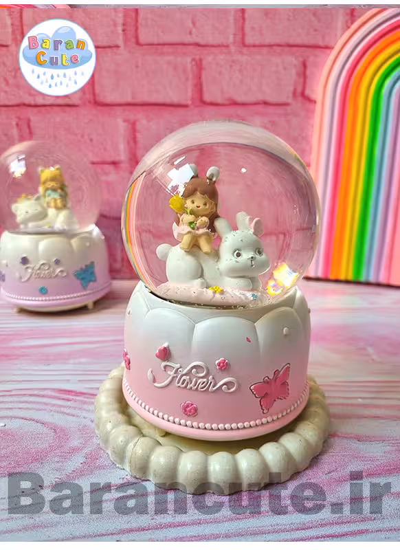 گوی موزیکال پمپی برفی چراغ دار سایز بزرگ طرح دختر و خرگوش