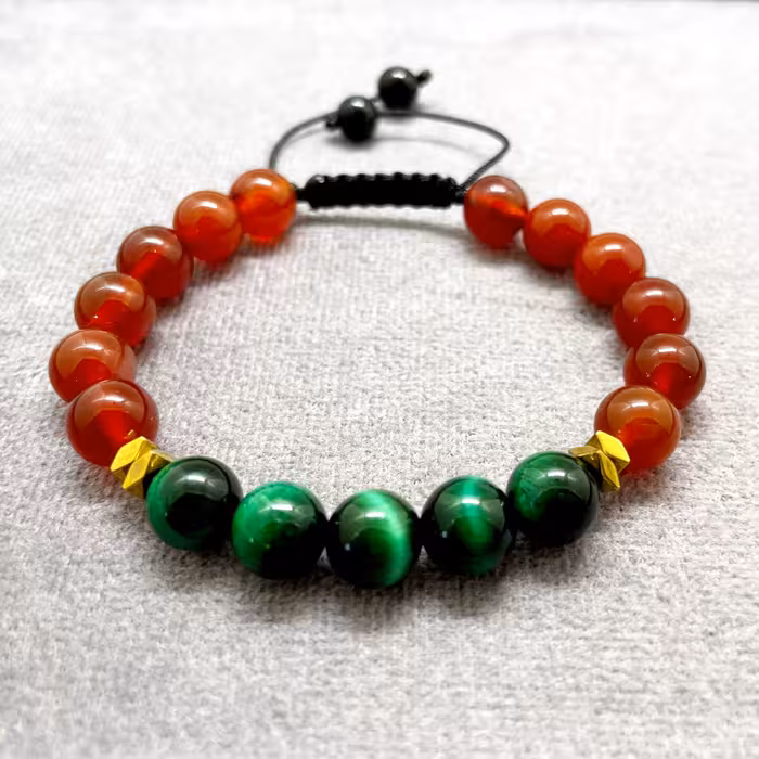 دستبند دست ساز سنگ،چشم ببر سبز و عقیق