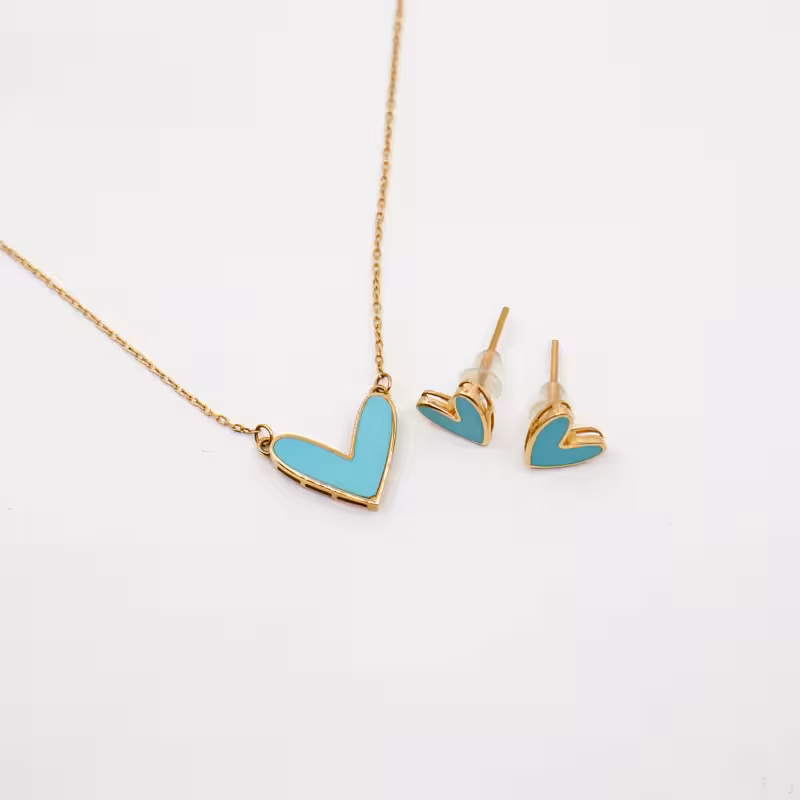 نیم ست طلا طرح قلب فیروزه ای