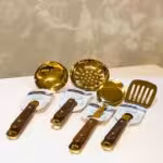 AMIN امین  کفگیر ملاقه استیل طلایی دسته چوبی 5 تایی با استند  21029