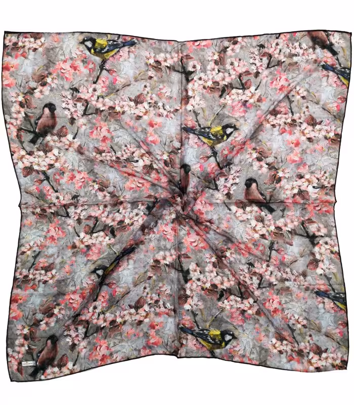 روسری طوسی صورتی طرح پرنده کد 2605