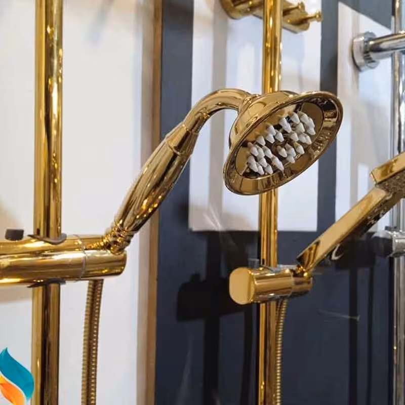 ست 9عددی شیرآلات اهرمی بامبو مشکی طلایی  با علم دوش طلایی شیپوری