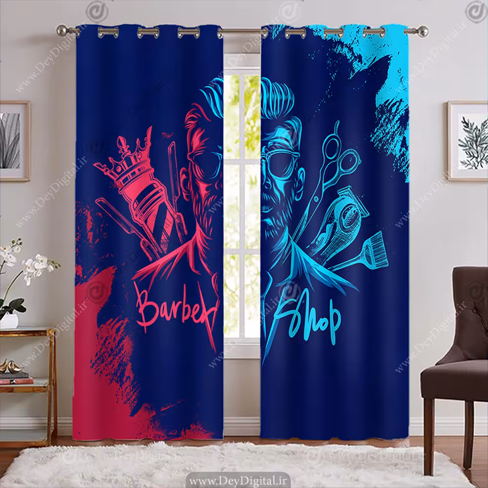 پرده پانچی طرح قرمز و آبی آرایشگاه مردانه با زمینه سرمه ای WA-1168-s