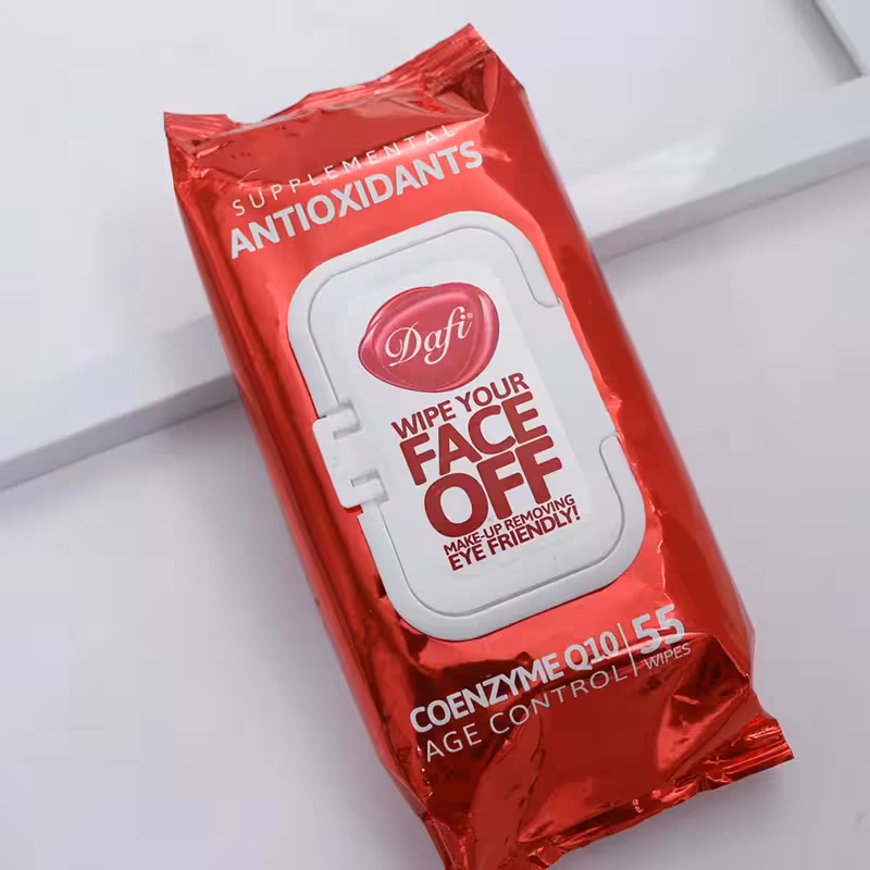 عمده فروشی دستمال مرطوب پاک کننده آرایش چشم و صورت دافی Dafi قرمز مدل آنتی اکسیدانت تعداد 55 برگی 92850