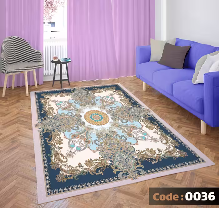 کاورفرش روفرشی دورکشدار گوشه لیفه ای لاکی ، آبی و متنوع کد 0036
