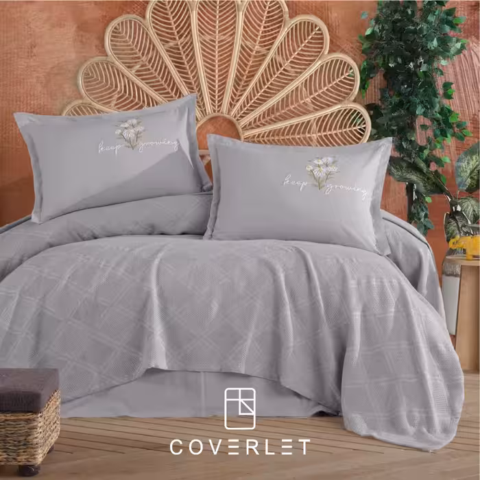 روتختی پیکه طوسی دونفره گلدوزی‌شده مدل Etta (100٪ پنبه)