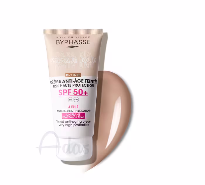 کرم ضد آفتاب و ضد چروک روزانه بایفاس SPF 50، رنگی با تناژ برنزه طبیعی BRONZE
