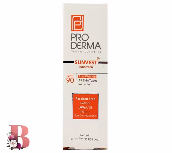 کرم ضد آفتاب و ضد چروک بی رنگ SPF90 پرودرما 40 میلی لیتر | ProDerma Sunvest Anti Wrinkle Sunscreen SPF90 All Skin 40ml