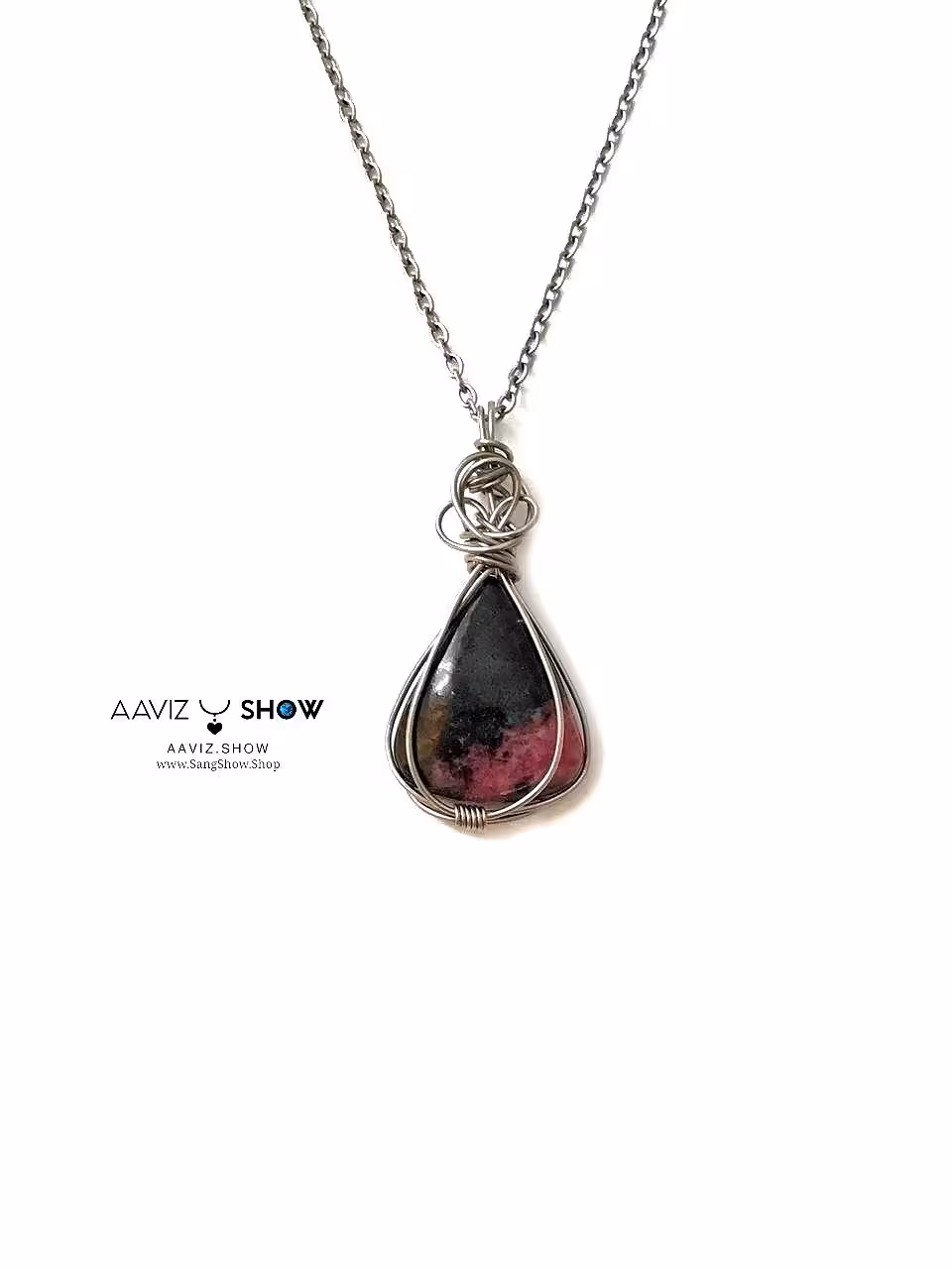 گردنبند سنگی رودونیت با قاب مفتولی خاص اصل و معدنی و خوشرنگ A1074