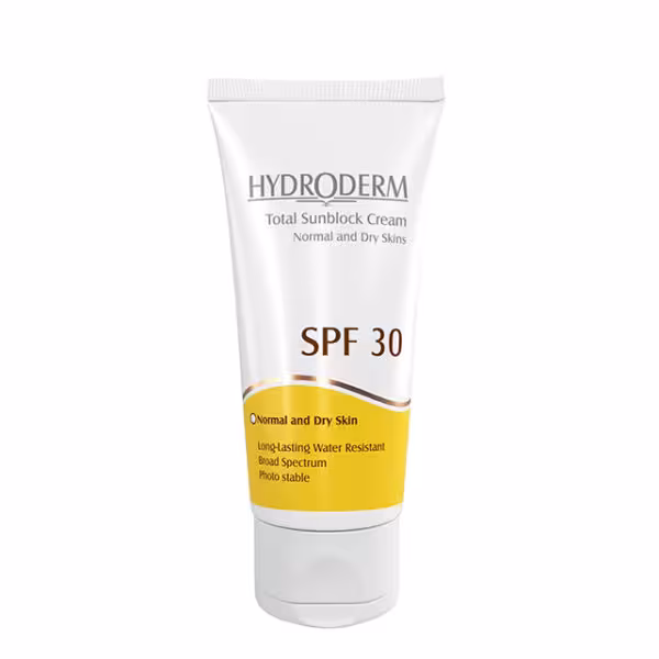 کرم ضد آفتاب SPF30 هیدرودرم مناسب پوست های معمولی و خشک Hydroderm Total sunblock SPF30 Cream For Normal And Dry Skins