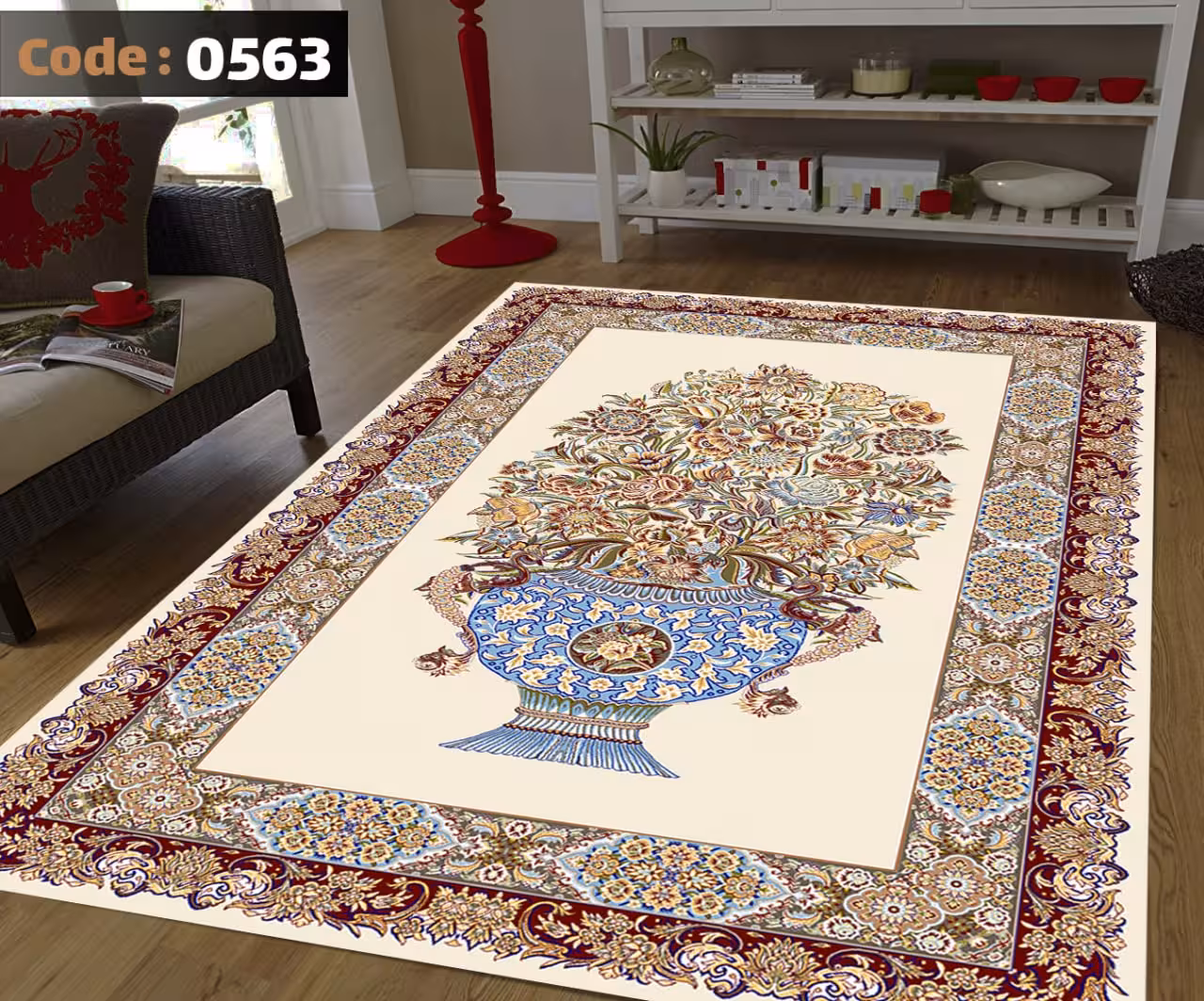 کاورفرش روفرشی دورکشدار گوشه لیفه ای کرم  قهوه ای کد 0563