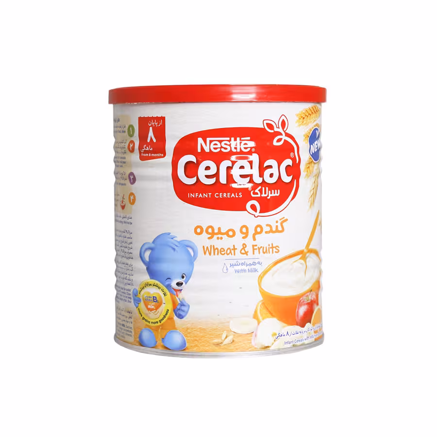سرلاک گندم و میوه به همراه شیر نستله مناسب کودکان از پایان 8 ماهگی 400 گرم