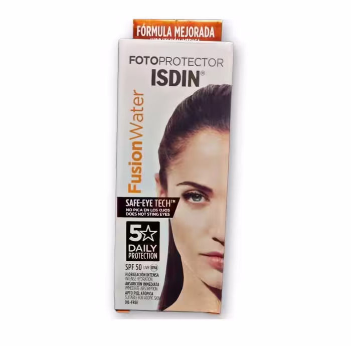 کرم ضد آفتاب بی رنگ فیوژن واتر ایزدین spf50 مدل 50ml safe eye tech