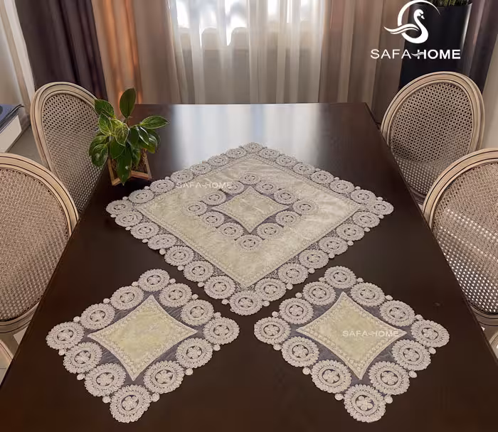 رومیزی 3 تکه طرح مربع مروارید دوزی