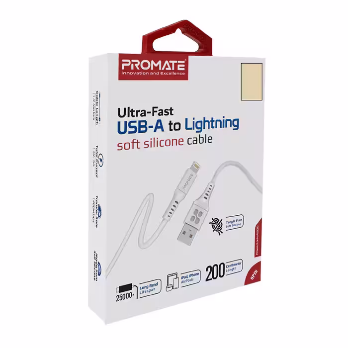 کابل تبدیل USB-A به لایتنینگ پرومیت مدل POWERLINK-AI200.WHITE به طول 2 متر