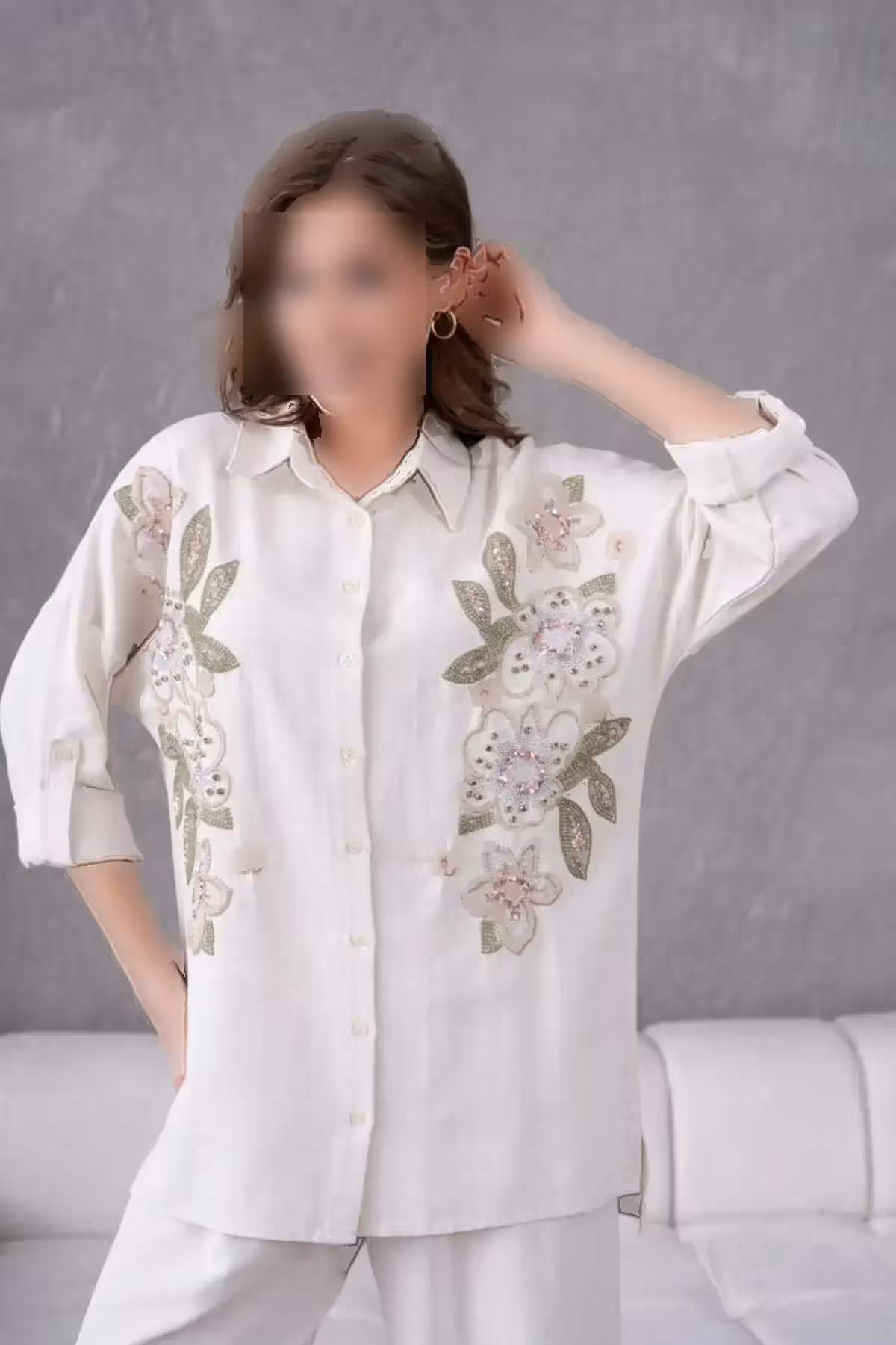 بلوز و شلوار کتان زنانه با طرح گلدار و گلدوزی شده، اورسایز - 7163