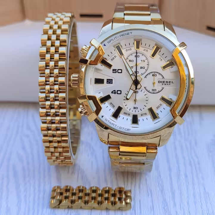 ست ساعت دستبند انگشتر مردانه طلایی استیل