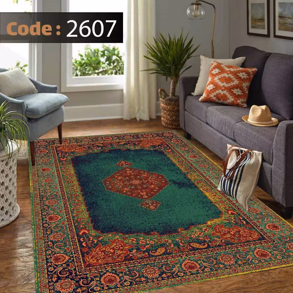 کاورفرش روفرشی دورکشدار گوشه لیفه ای لاکی ، آبی و متنوع کد 2607