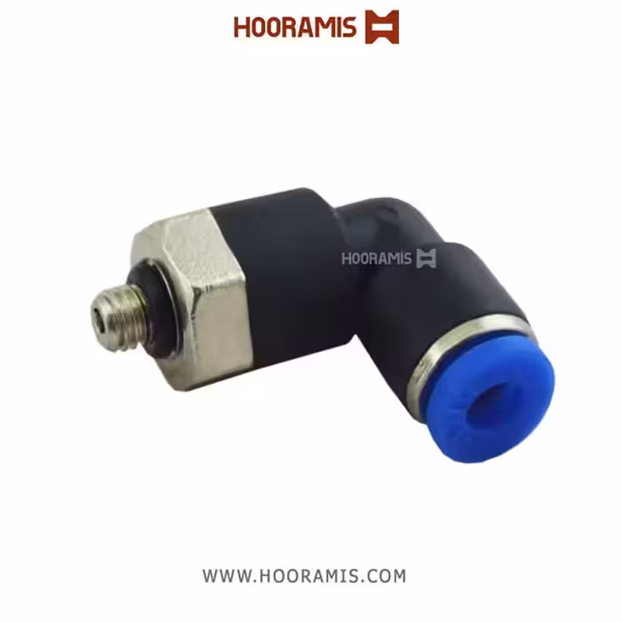 فیتینگ زانویی مینیاتوری پنوماتیک با شلنگ خور4 میلیمتر و سایز دنده نری 5 میلیمتر (M5*0.8)