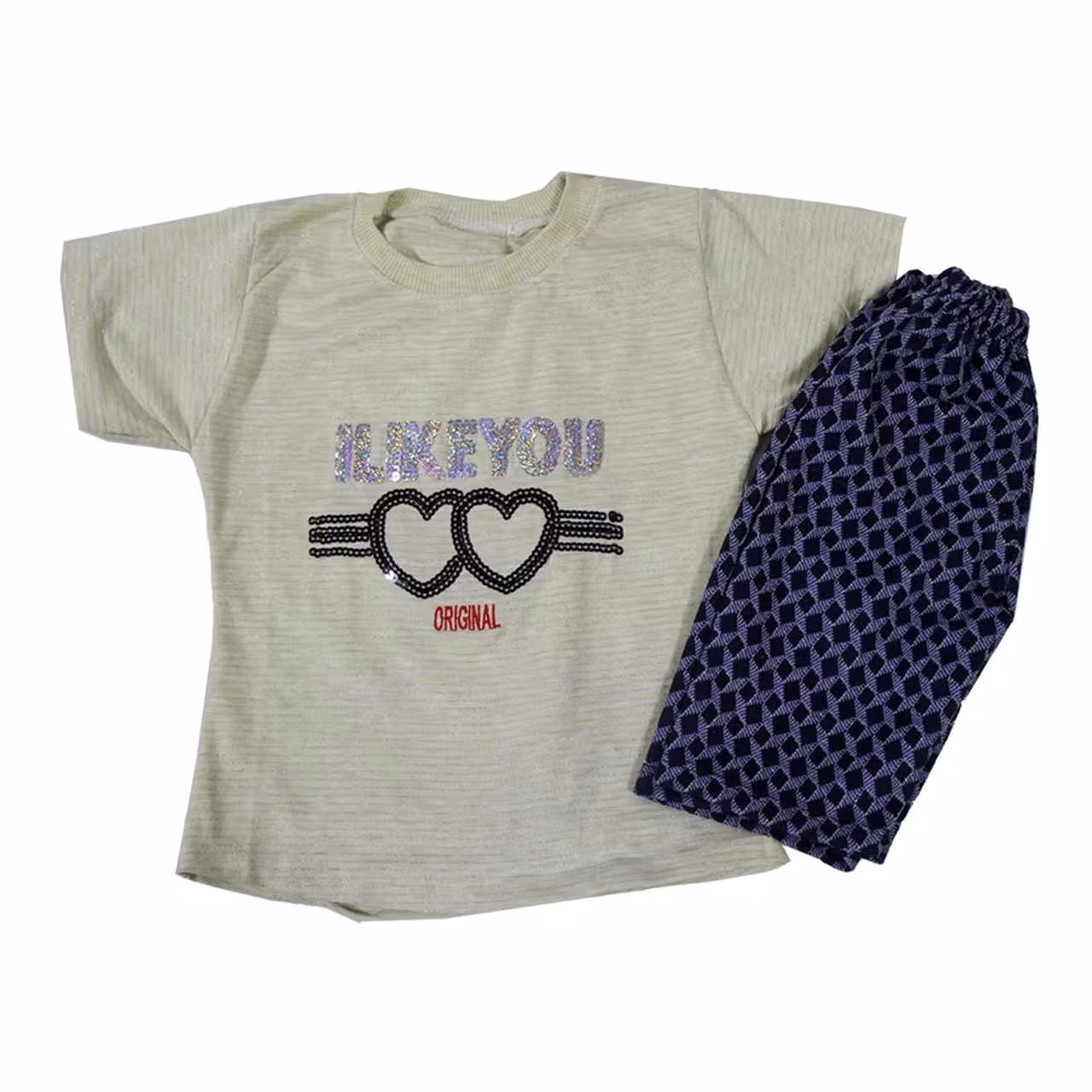 تیشرت و شلوارک بچگانه نگین دار طرح دو قلب سایز 35