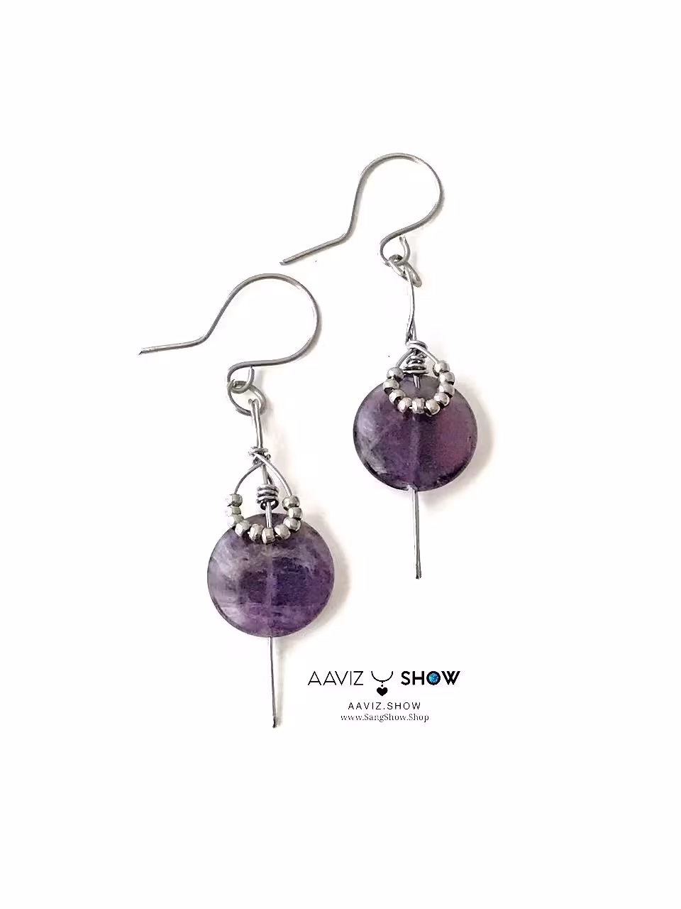 گوشواره سنگ آمیتیست معدنی با تراش دایره G030