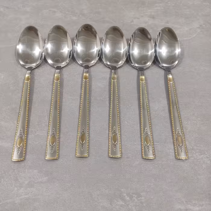 قاشق غذاخوری دسته طلایی بسته 6 عددی مارک یونیک لایف Unique life طول 21سانت بسیار شیک و ضخامت 3میل STAINLESS Steel  