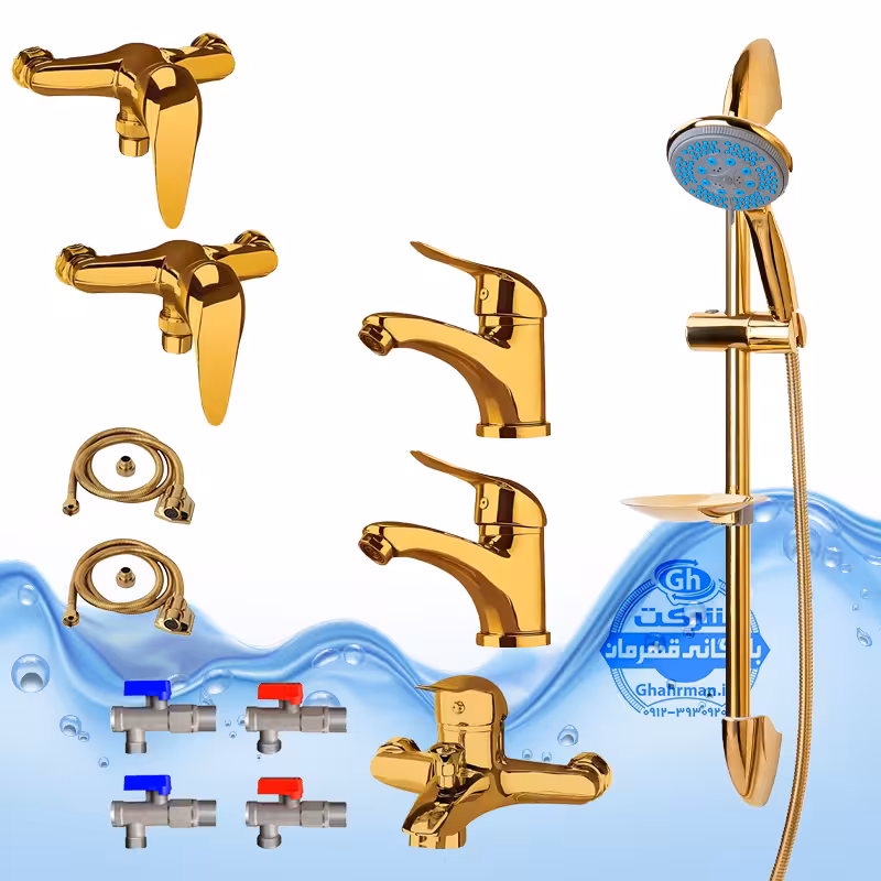 ست 12 عددی شیرآلات برند آیدا صنعت مدل قهرمان اردکی | دو عدد شیر روشویی   شیر حمام   شیر توالت   علم دوش یونیکا طلایی   دو عدد شلنگ توالت   دو عدد شلنگ استیل   چهار عدد شیر پیسوار | طلایی براق