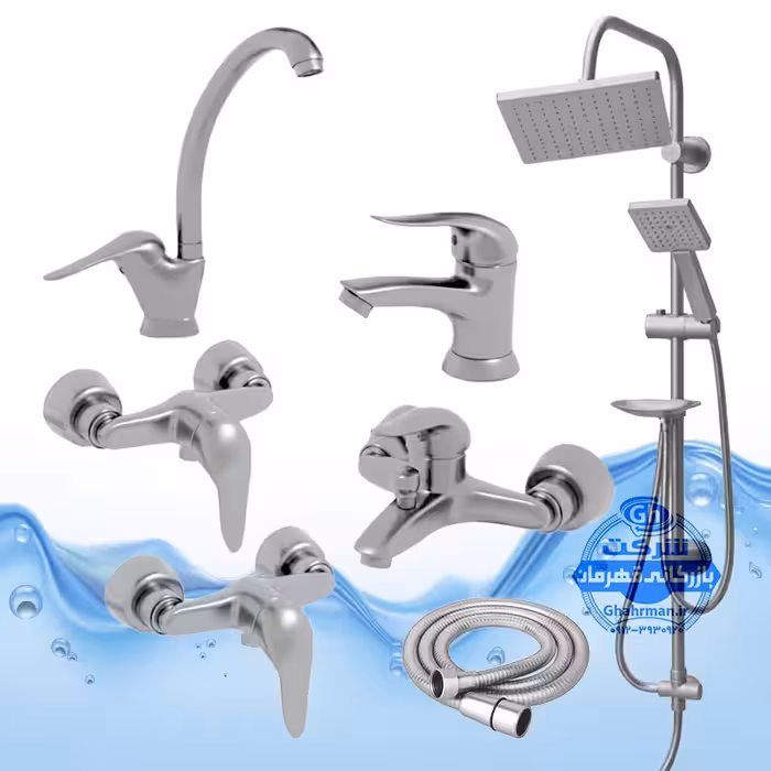 ست 7 عددی شیرآلات برند آیدا صنعت مدل قهرمان | شیر ظرفشویی   روشویی   حمام   2 عدد توالت   علم دوش رسوب‌گیر اتومات   شلنگ توالت | کروم مات
