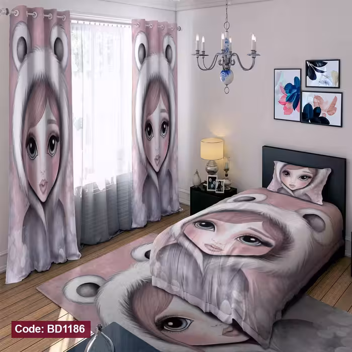 پرده پانچی مخمل چاپی دخترانه کد 1186