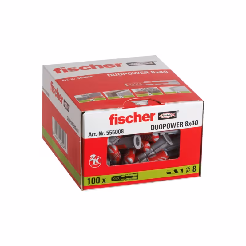 فیشر دووپاور 8×40 | رولپلاک پلاستیکی دو جزئی | قطر 8 میلی‌متر | طول 40 میلی‌متر | بسته 50 عددی | مناسب برای سطوح سخت و توخالی | اتصال ایمن و مستحکم | محصول اصلی فیشر