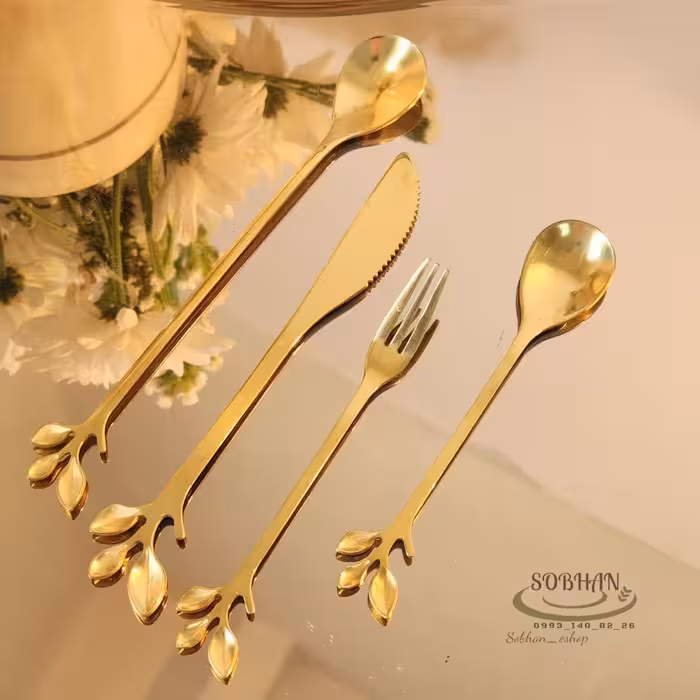 قاشق و چنگال و کارد طلایی طرح برگ