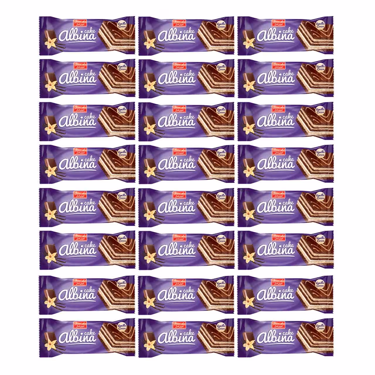 کیک کاکائویی و کرم شیری آلبینا شیرین عسل 80 گرمی بسته 24 عددی