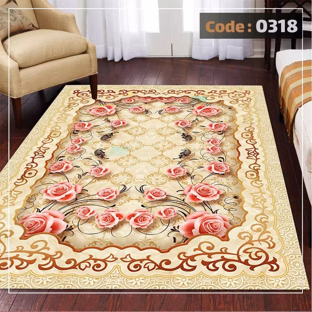 کاورفرش روفرشی دورکشدار گوشه لیفه ای کرم  قهوه ای کد 0318