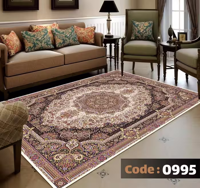 کاورفرش روفرشی دورکشدار گوشه لیفه ای لاکی ، آبی و متنوع کد 0995