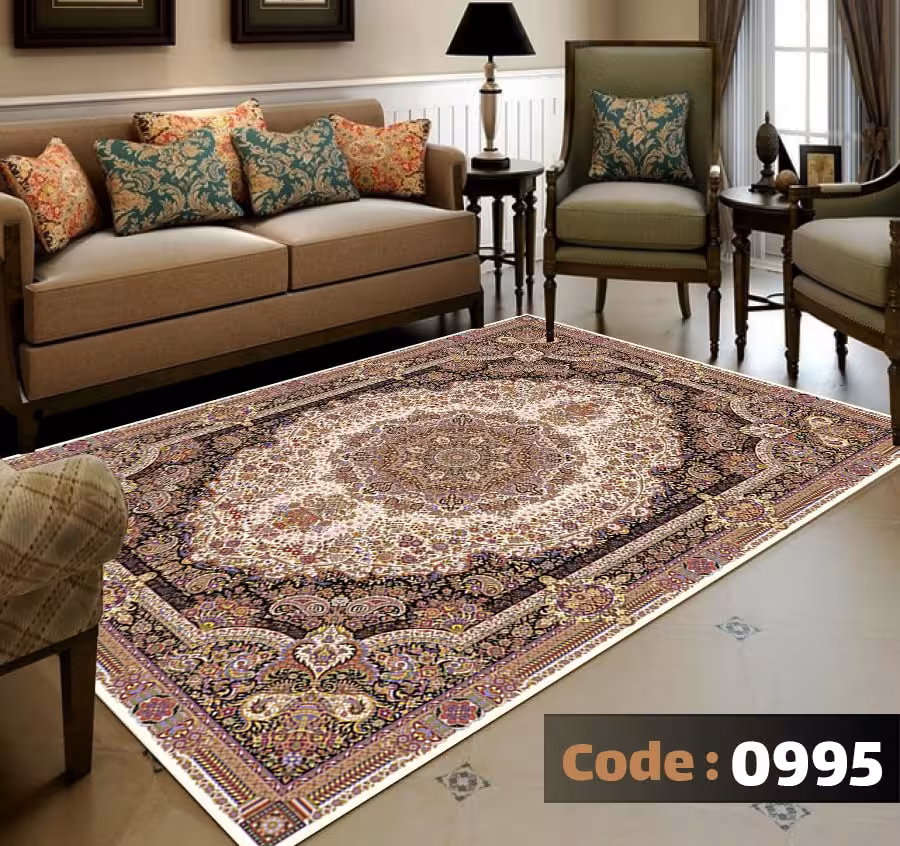 کاورفرش روفرشی دورکشدار گوشه لیفه ای لاکی ، آبی و متنوع کد 0995