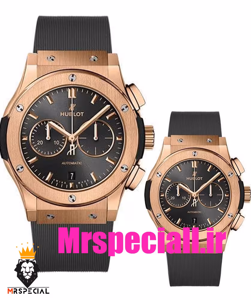 ساعت ست هابلوت مردانه و زنانه کرنوگراف رزگلد صفحه مشکی 6631 HUBLOT BIG BANG