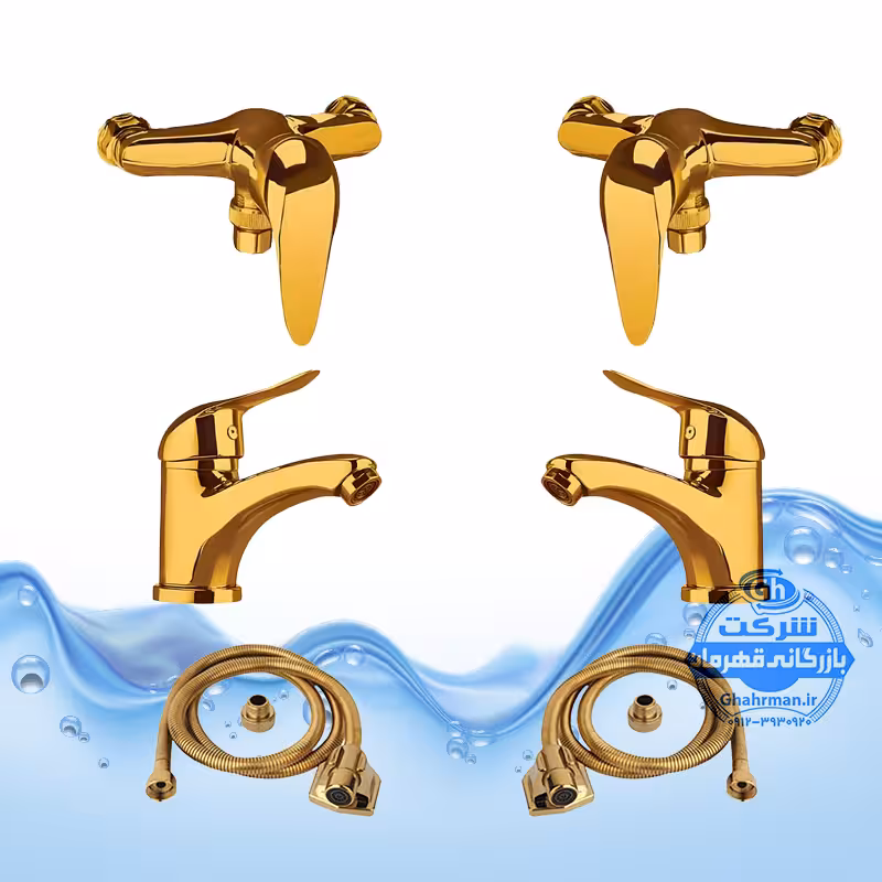 ست 6 عددی شیرآلات مدل قهرمان | 2 عدد شیر روشویی   2 عدد شیر توالت   2 عدد شلنگ توالت | طلایی براق