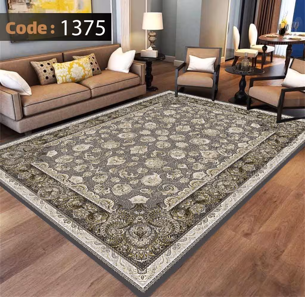 کاورفرش روفرشی دورکشدار گوشه لیفه ای طوسی کرم کد 1375