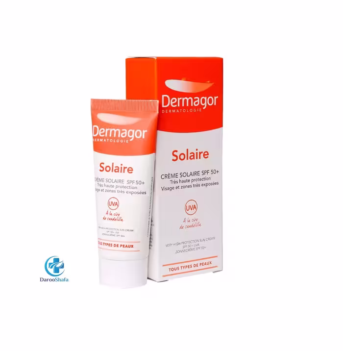 کرم ضدآفتاب بی رنگ پوست نرمال تا خشک SPF50 درماگور