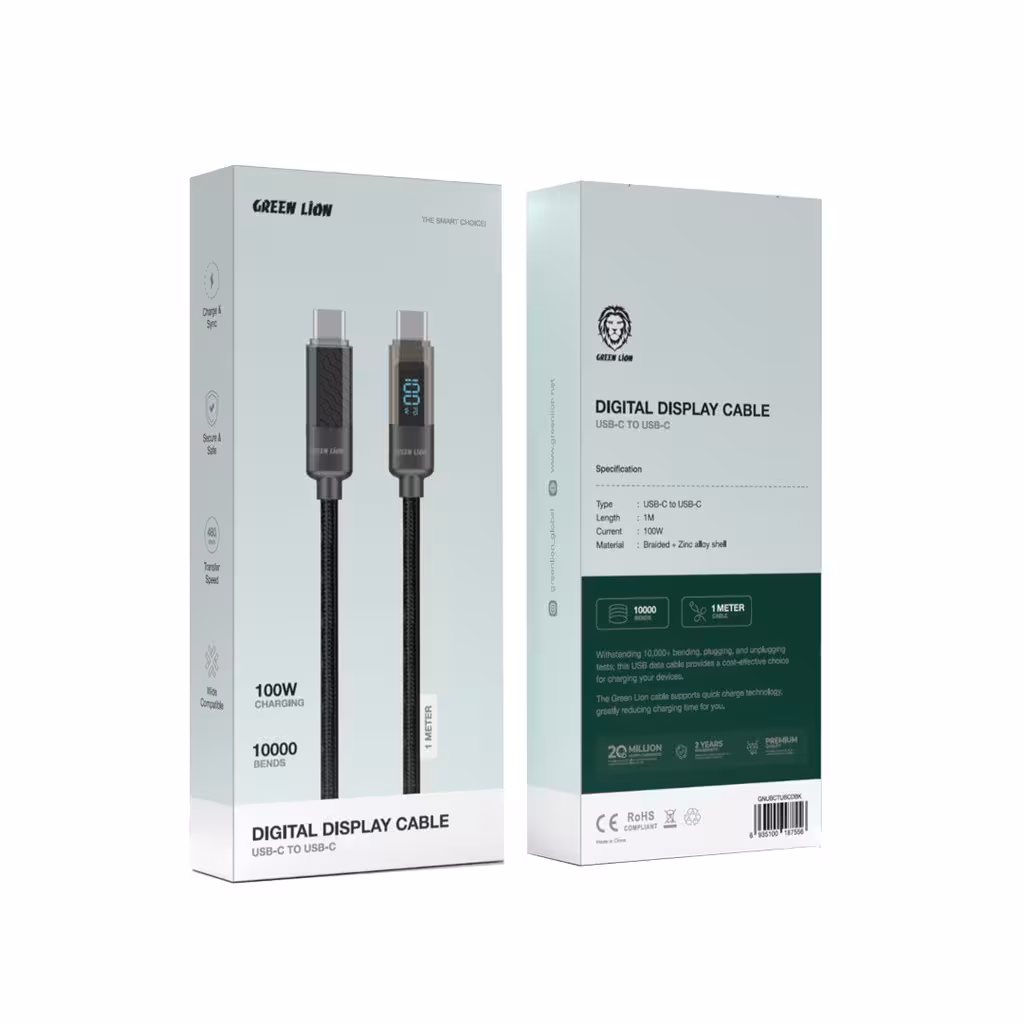 کابل شارژ نمایشگر دار دیجیتال گرین لاین USB-C به USB-C – مشکی Green Lion