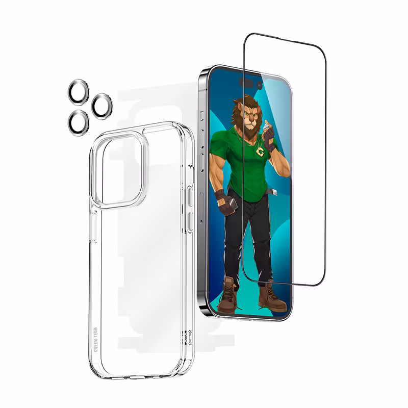 محافظ صفحه نمایش گرین مدل protection pack hd مناسب برای گوشی موبایل اپل iphone 14 pro به همراه محافظ پشت گوشی و محافظ لنز و کاور