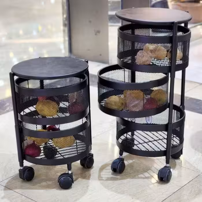 سبد جا سیب زمینی پیاز توری فلزی چرخدار مشکی 2 و 3 طبقه